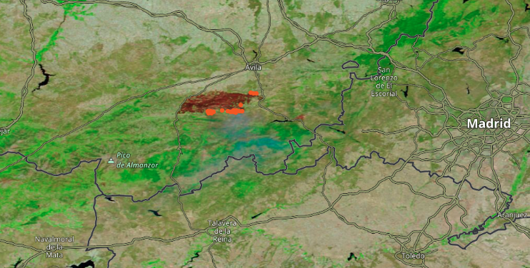 Worldview MODIS data image with fire anomaly overlay in Avila, Spain, August 2021. MODIS data image with fire anomaly overlay in Avila, Spain, August 2021.