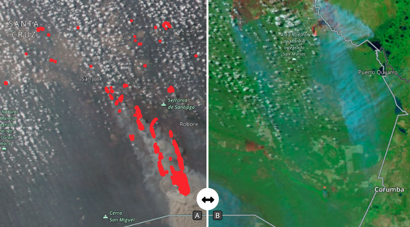 Worldview interactive VIIRS data image comparing before and after a fire in Santa Cruz, Bolivia, August 2021 VIIRS data image comparing before and after a fire in Santa Cruz, Bolivia, August 2021