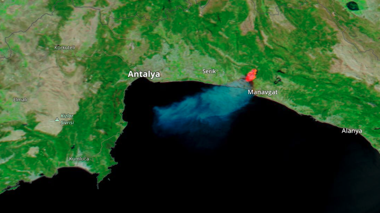 MODIS data image of fire anomalies in Antalya, Turkey, July - August, 2021.