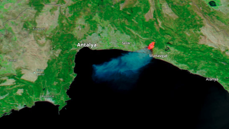 Worldview animation of MODIS data image of fire anomalies in Antalya, Turkey, July - August, 2021. MODIS data image of fire anomalies in Antalya, Turkey, July - August, 2021.