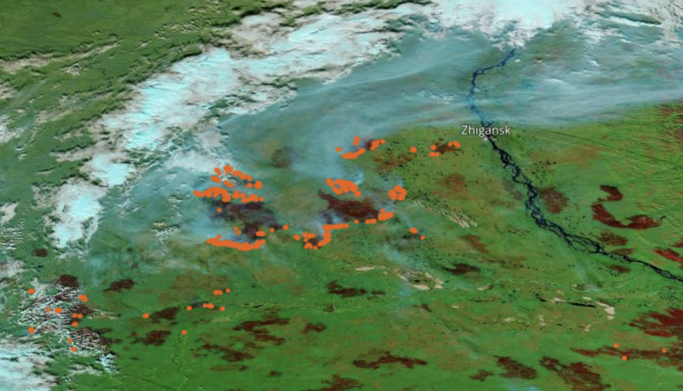 MODIS image of fire anomaly data in Sakha, Russia. 