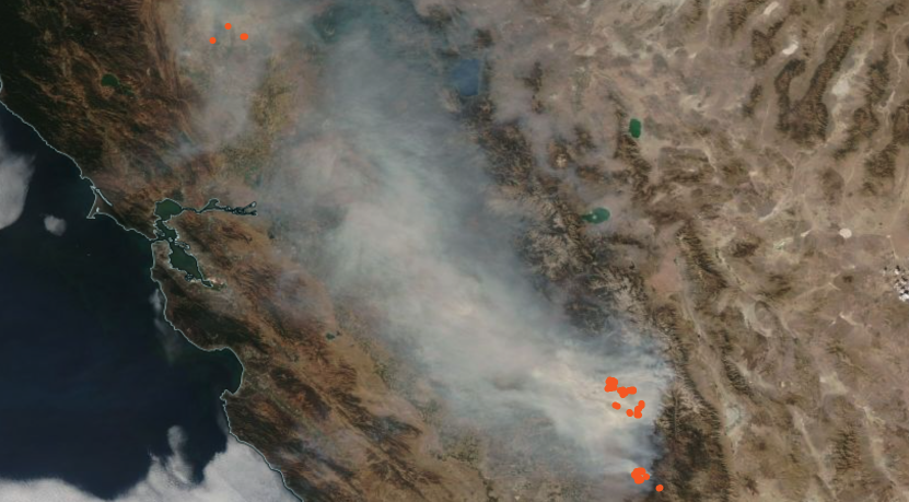 Worldview MODIS data image with thermal anomalies of KNP Complex and Windy Fires, California. MODIS data image with thermal anomalies of KNP Complex and Windy Fires, California.