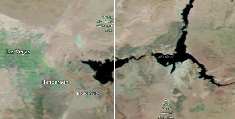 MODIS data image comparing Lake Mead, Nevada before and after a flood.