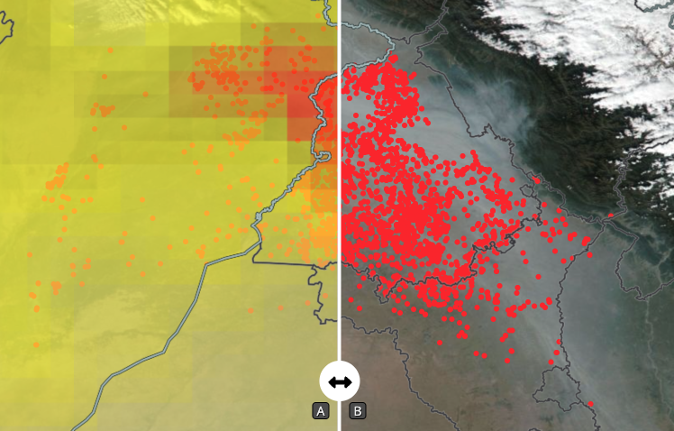 VIIRS data image of high aerosol index, showing fires from agricultural burning, Punjab, India.