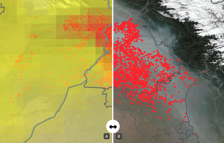 Worldview interactive VIIRS data image of high aerosol index, showing fires from agricultural burning, Punjab, India. VIIRS data image of high aerosol index, showing fires from agricultural burning, Punjab, India.
