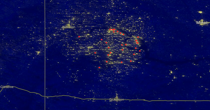 VIIRS data Black Marble image of oil field burn site thermal anomalies, North Dakota.
