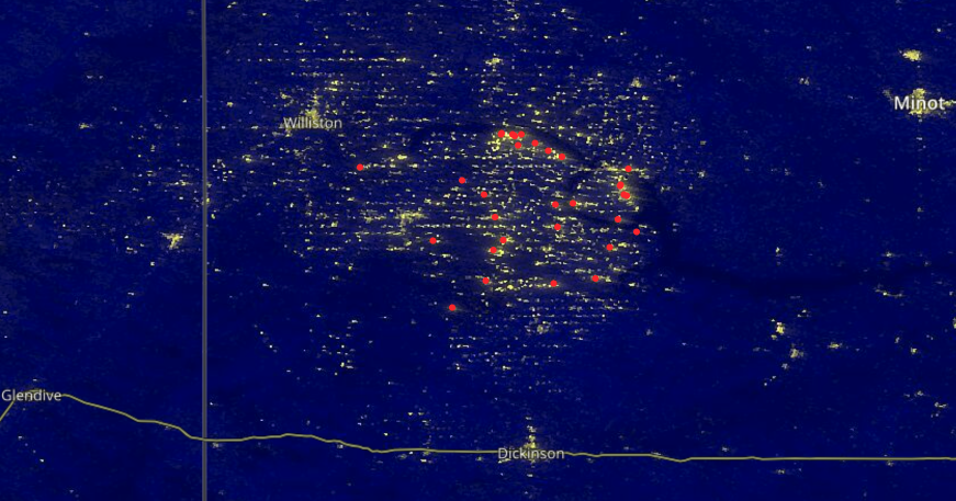 Worldview VIIRS data Black Marble image of oil field burn site thermal anomalies, North Dakota. VIIRS data Black Marble image of oil field burn site thermal anomalies, North Dakota.