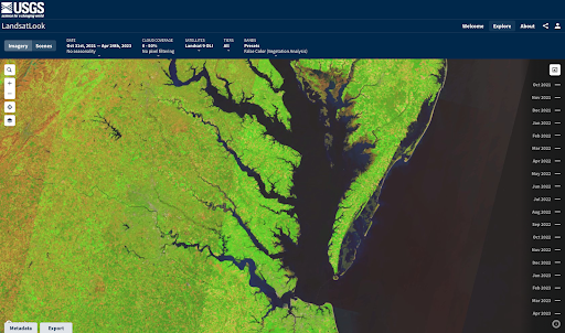 LandsatLook User Interface from the USGS showing the Chesapeake Bay