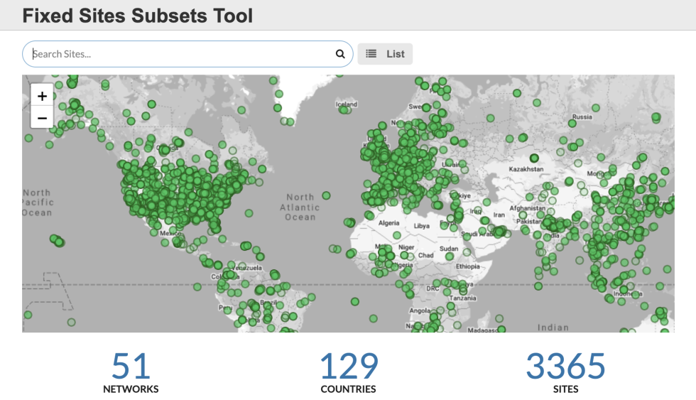 global map with sites indicated by green dots; metrics along bottom indicate number of sites