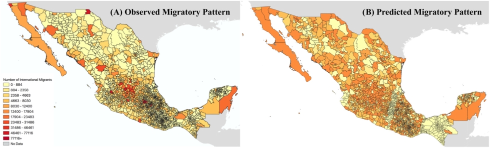These maps of Mexico show the 2,358 municipalities included in Runfola's study of migratory flows in that country. Panel A (to the left) shows the observed pattern of migration, with darker colors (reds and orgages) indicating a higher intensity of international migration. Panel B (at right) shows the predicted pattern of migration from the researcher's model, with the same color scheme. 