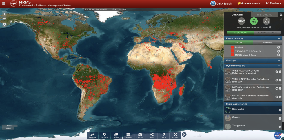 global map with orange/red dots indicating detected hotspots; a map key and control panel are on the right side; other tools are along the bottom