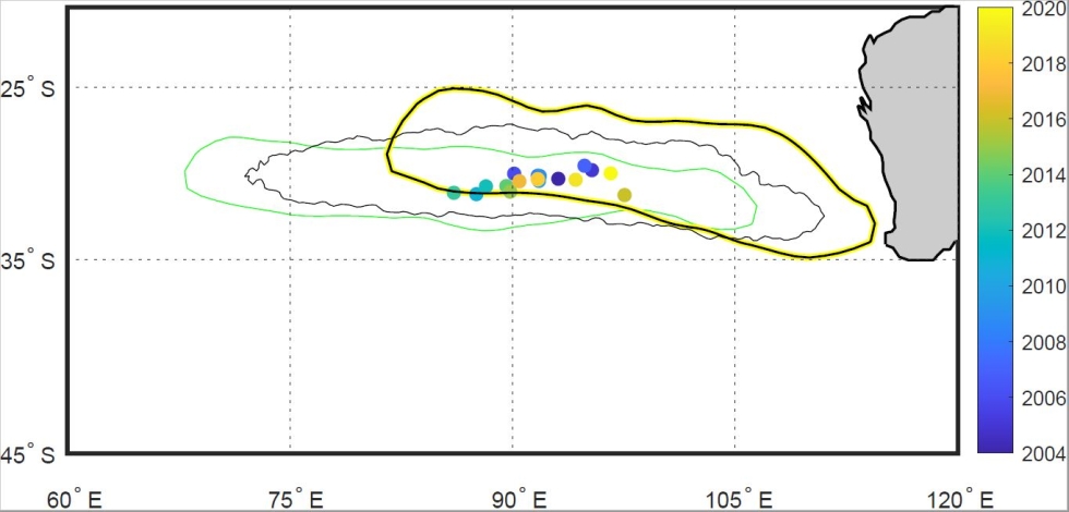 This graphic shows the annual-average centroid position from in-situ data. The centroid’s position is color-coded by year with the scale at right. The light black line is the annual average. The green line is the same contour averaged for 2013, when the area is minimum and the feature is far to the southwest. The yellow and black line is for the year 2020, when the area is large and the feature is far to the northeast. 