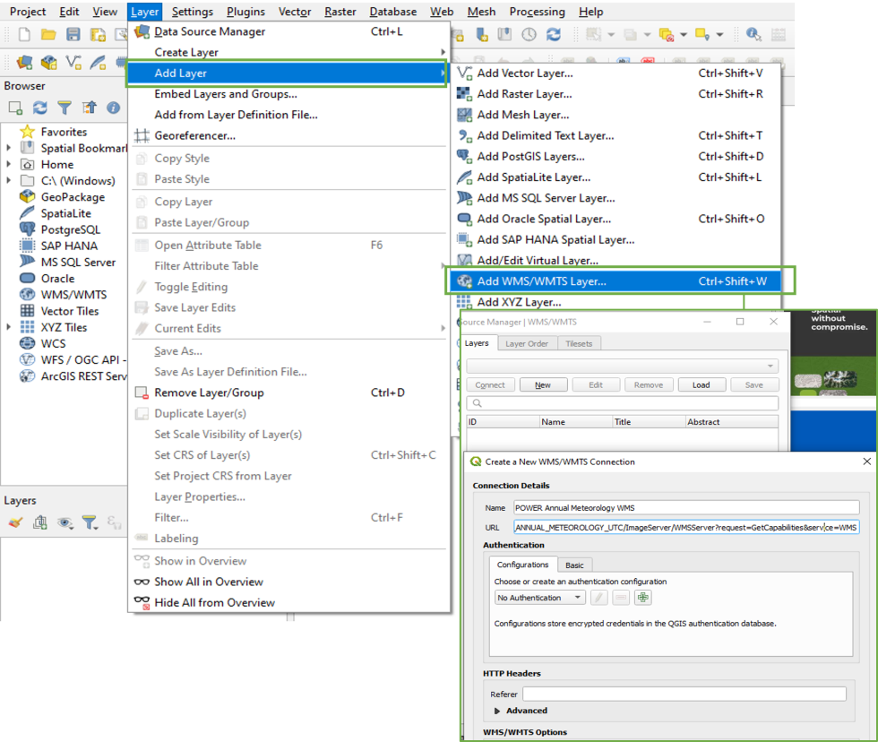 Screenshot showing the steps to add WMS for QGIS