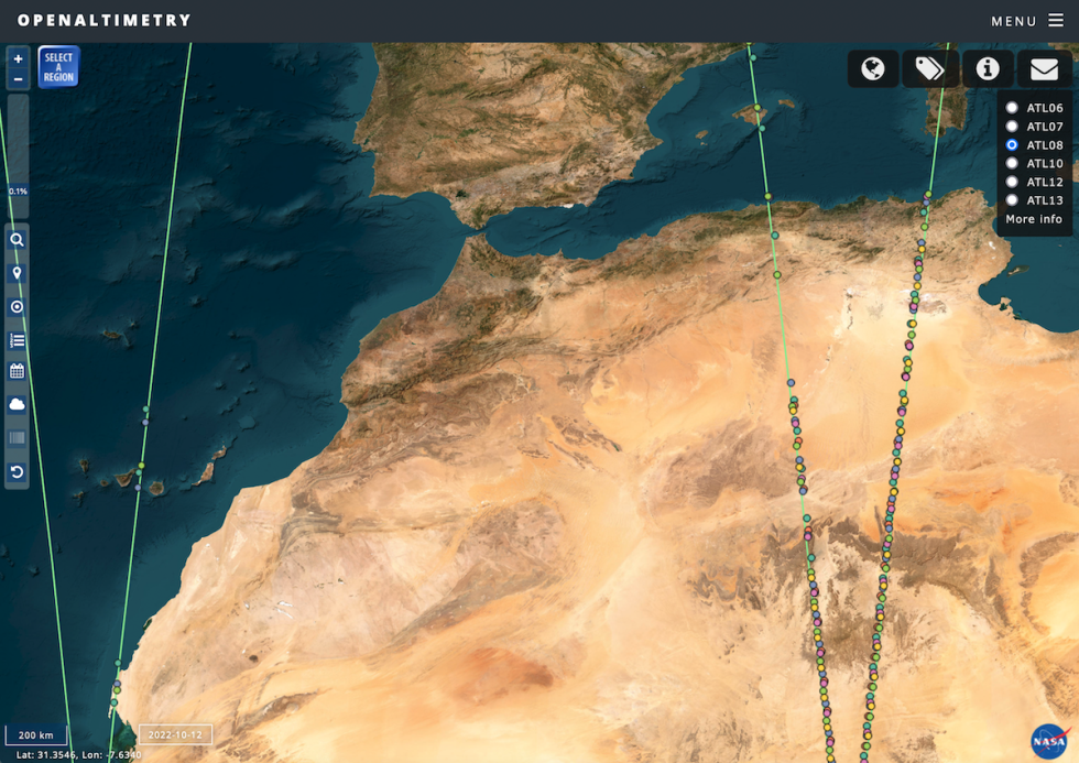 OpenAltimetry screenshot showing true-color image of north africa and the strait of gibraltar; green lines on left and right indicate ICESat-2 orbit; colored dots on green lines indicate available data.