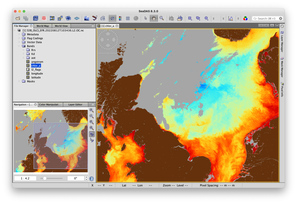 screenshot with three sections; right two-thirds shows image of Europe with colors indicating ocean temp; left stacked images show data layers