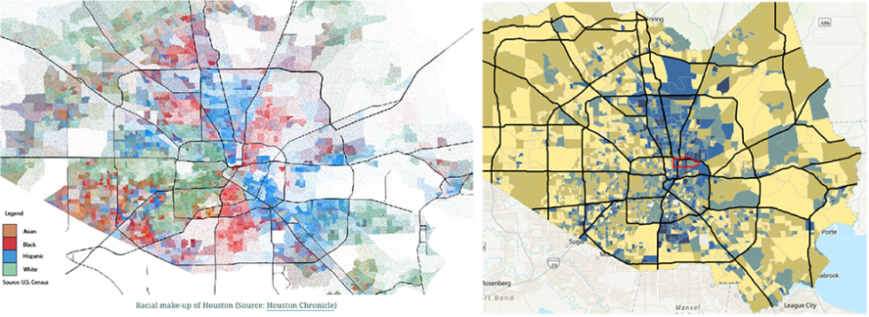 Left map: Racial make-up of the Greater Houston Metropolitan Area. Right map: Block group level Flood Vulnerability