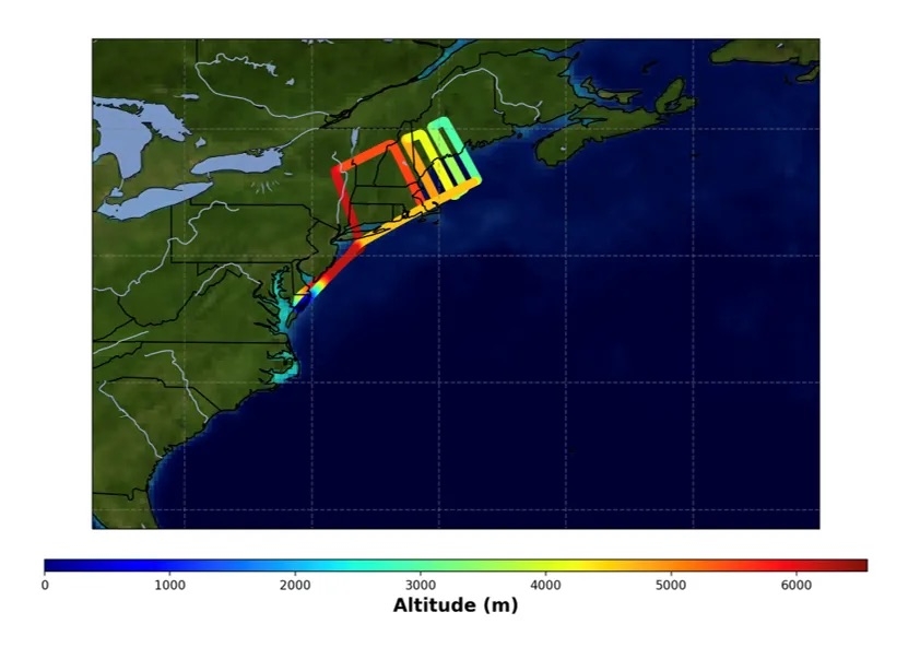 Investigation of Microphysics and Precipitation for Atlantic Coast-Threatening Snowstorms campaign aircraft patterns visualized on a NASA “blue marble” terrain map