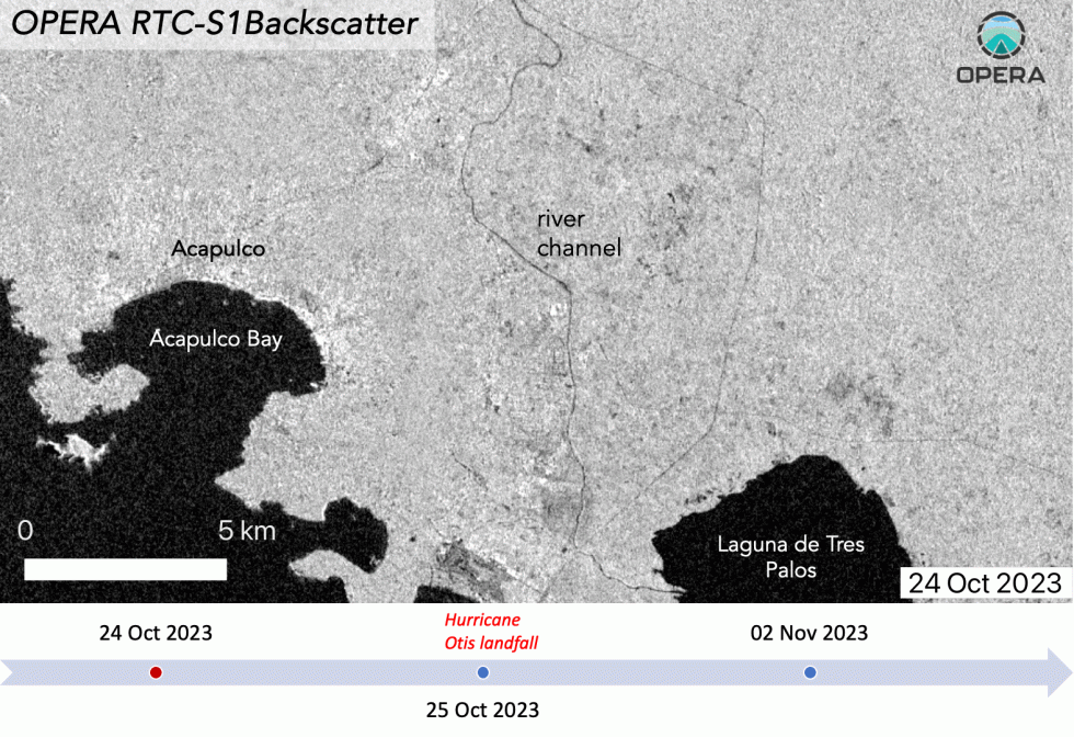 A black and white animated GIF of Synthetic Aperture Radar data shows the increase in surface water extent in the La Sabana River before and after Hurricane Otis in November 2023.