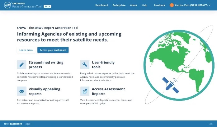 Screenshot of NASA's Satellite Needs Working Group report generation tool