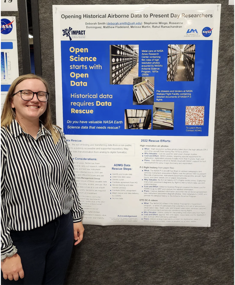 CASEI curator Ashlyn Shirey stands in front of a poster showing airborne data at NASA’s MSFC Science and Technology Poster Jamboree 