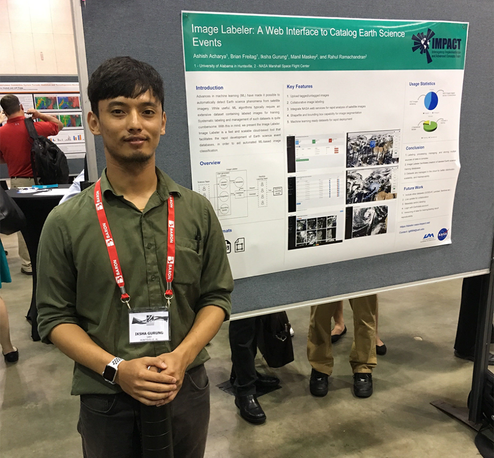 Iksha Gurung stands in front of his poster for the ImageLabeler tool at the 2019 National Weather Association conference