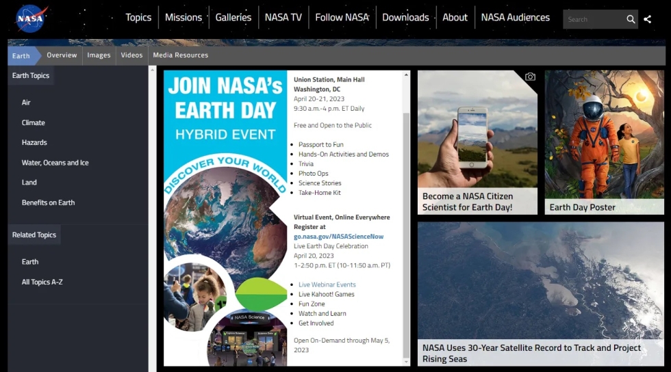 Screenshot of NASA’s Earth Day website, which includes hybrid events and interactive content