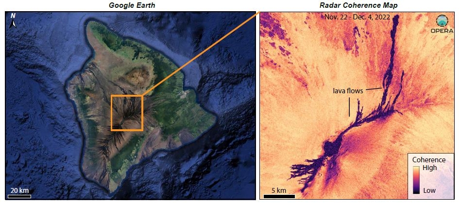 This pair of images shows the location (left) and lava flow extent (right) of Hawaii's the Mauna Loa volcano, which erupted in December 2022. The lava flow extent image uses C-band SAR data to compare the surface properties of the area before and after the lava flow.