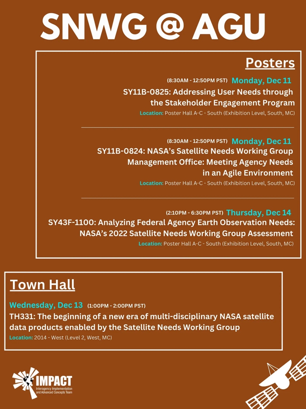 Poster for sessions hosted by NASA's Satellite Needs Working Group at the Sessions hosted by NASA's Science Discovery Engine the American Geophysical Union's 2023 annual meeting