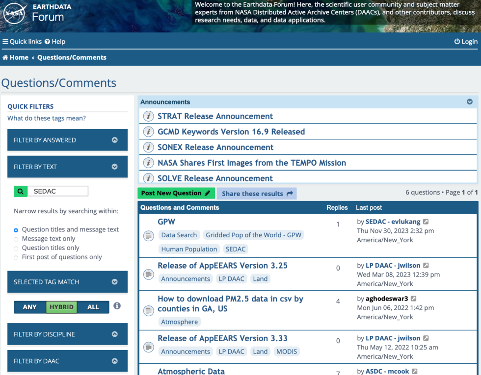 Earthdata Forum home page showing sections and text