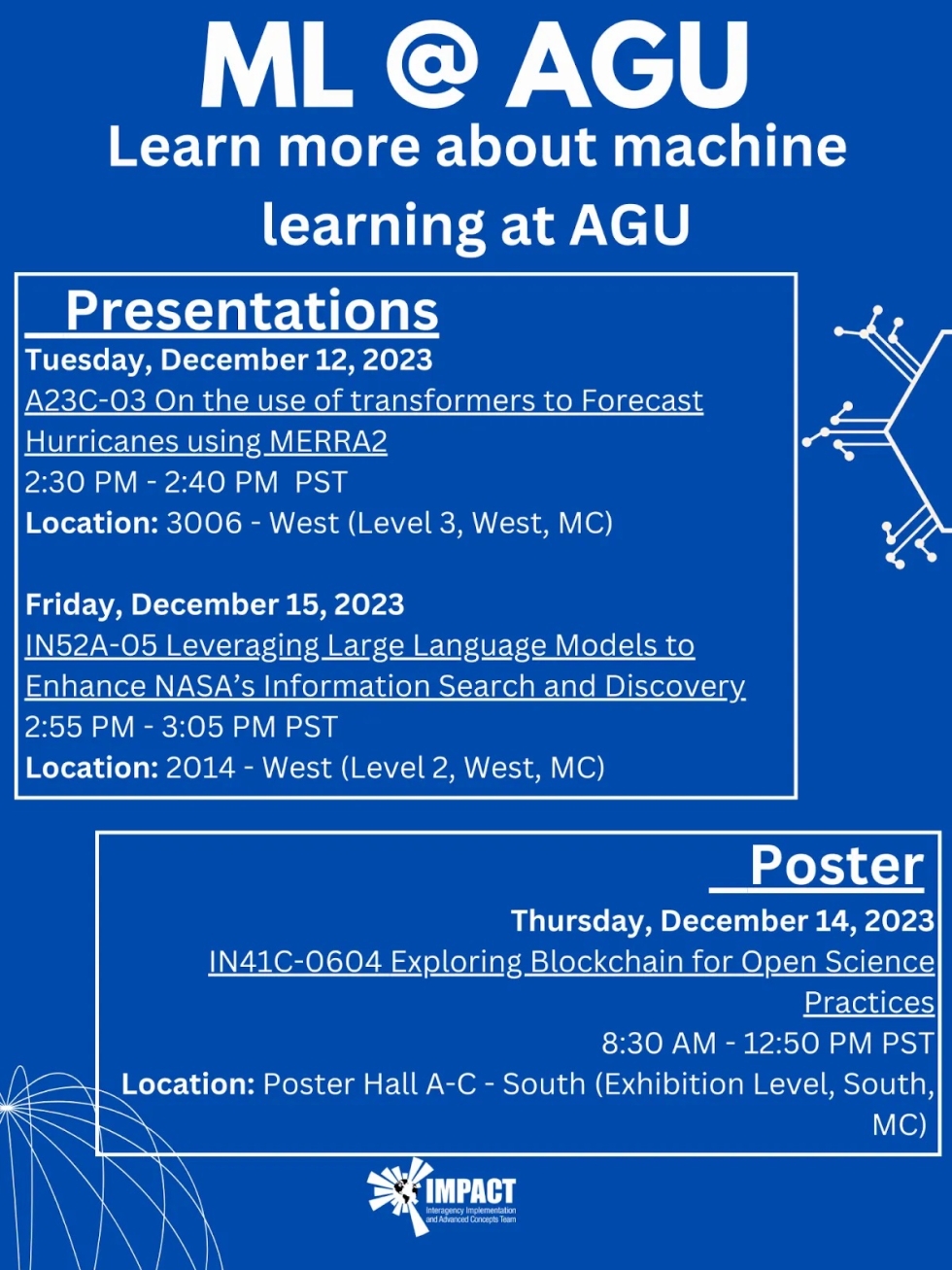 Poster showing times and dates for IMPACT ML events listed in text afterwards.