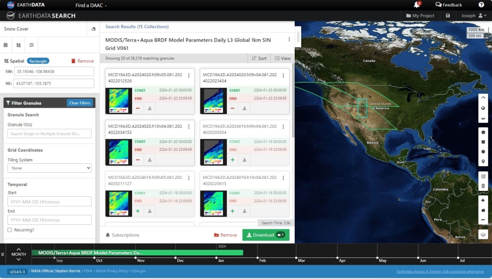 A screen capture from Earthdata Searching showing the web application's left, center, and right panels--the three main parts of the Earthdata Search user interface.
