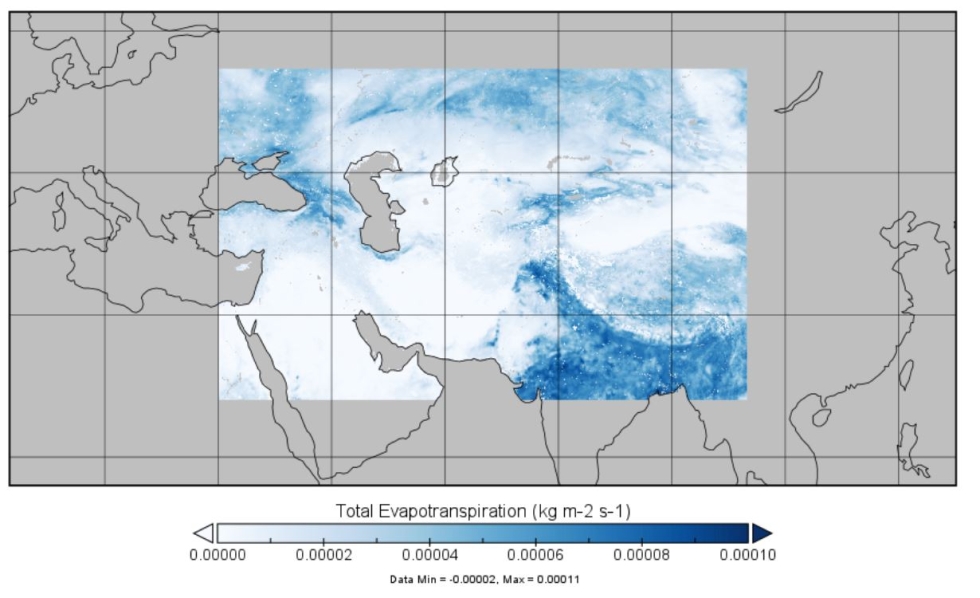 A data visualization showing evapotranspiration over Central Asia in 2020.