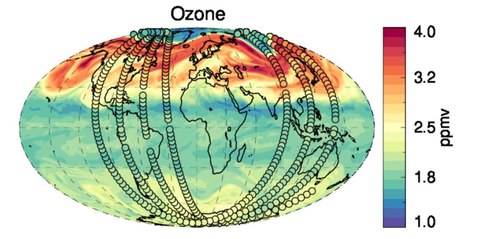 This graphic shows ozone data from the Modern-Era Retrospective analysis for Research and Applications-2 (MERRA-2) Stratospheric Composition Reanalysis of Aura Microwave Limb Sounder (M2-SCREAM). 
