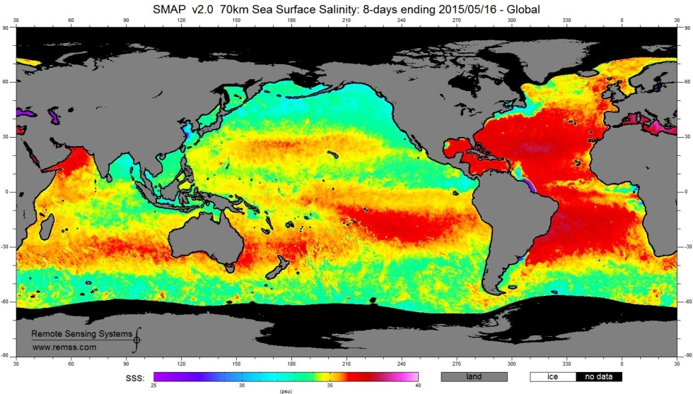 A graphic of sea surface salinity data from the SMAP mission