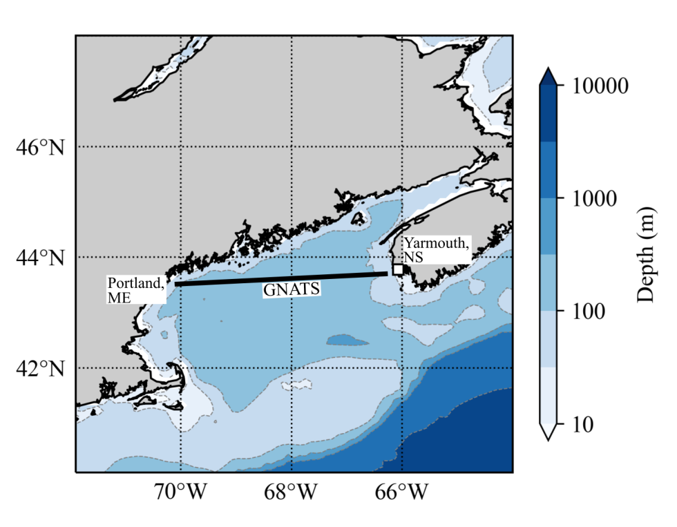 Image of coast of Maine with black line showing area of data collection
