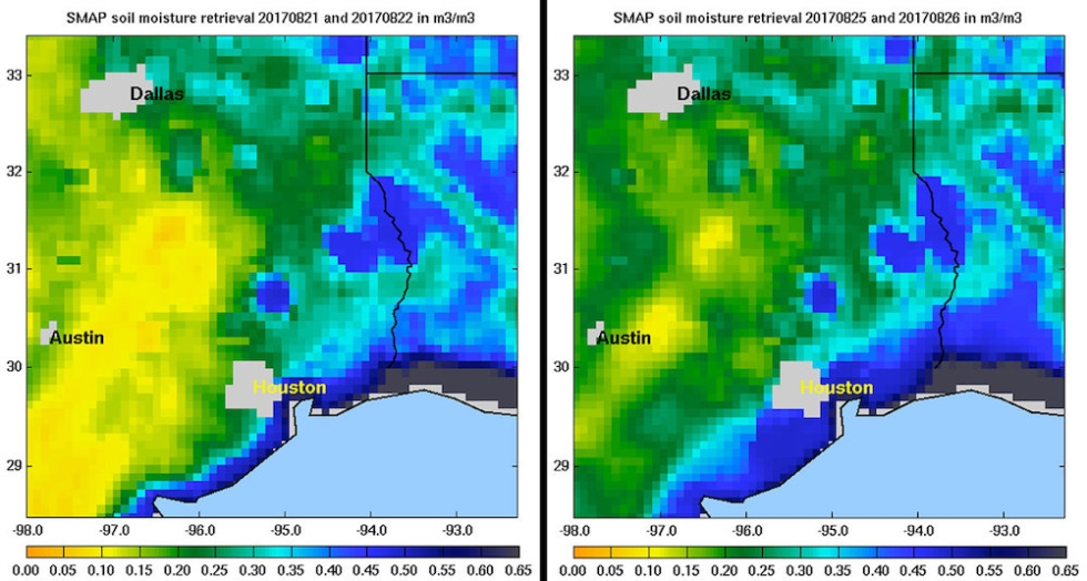 Soil moisture conditions in Texas near Houston, generated by NASA's Soil Moisture Active Passive (SMAP) satellite before and after the landfall of Hurricane Harvey can be used to monitor changing ground conditions due to Harvey's rainfall.