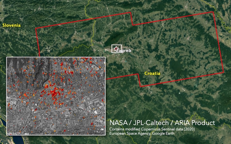 Advanced Rapid Imaging and Analysis (ARIA) Damage Proxy Map (DPM) depicting areas that are likely damaged caused by the 2020 Zagreb Earthquake. The map was derived from synthetic aperture radar (SAR) images from the Copernicus Sentinel-1 satellites, operated by the European Space Agency (ESA). The team compared the post-event image acquired on March 23, 2020 with pre-event images taken since January 2020.