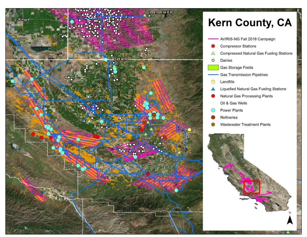 Map shows AVIRIS-NG flight lines over the southern San Joaquin Valley, Kern County, CA, in Fall 2016. The map also shows potential methane emitting facilities and infrastructure from the Vista-CA dataset.