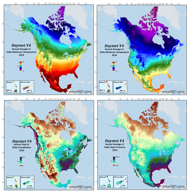 This image features four panels showing Dayment annual climatology data pertaining to temperature and precipitation.