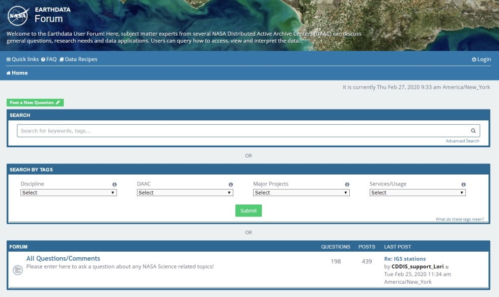 Screenshot with Earthdata Forum in the top quarter of the page. Under this is a blue bar with quick links. Under this blue bar are three boxes with blue frames around them providing the ability to Search (top box), search by tags (middle box), and see all Forum questions (bottom box).