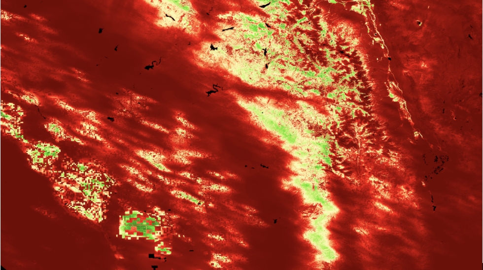 Level 4 Evaporative Stress Index PT-JPL, average from August 5, 2018 captured over California's Central Valley. High ESI is in shades of green and low ESI in shades of red.