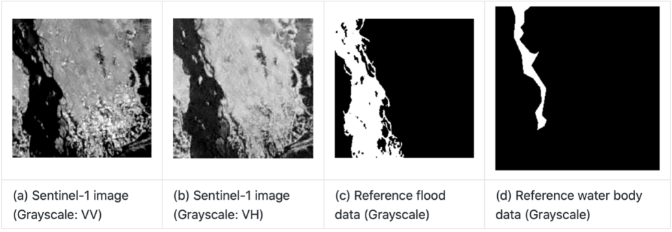 Four side-by-side grayscale images with SAR images on left and segmentation results on right.