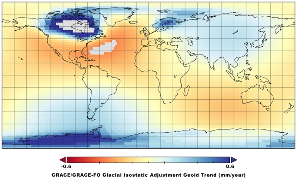 GRACE/GRACE-FO contemporary geoid rates (in mm/yr) from Glacial Isostatic Adjustment (GIA) as predicted by the ICE6G-D model.