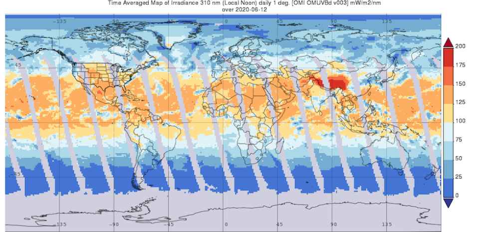 Time Averaged Map of Irradiance at a wavelength of 310 nm (Local Noon) for June 12, 2020 in . Data are from the Ozone Monitoring Instrument (OMI) aboard the Aura spacecraft.