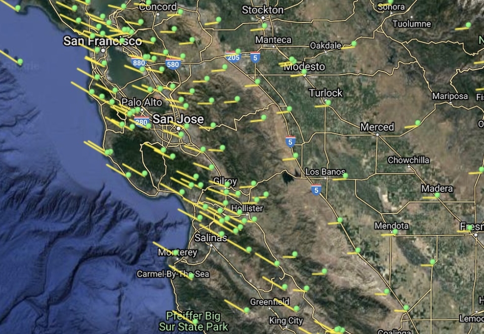 Horizontal velocities, mostly due to motion of the Earth's tectonic plates, are represented on this map, over California, by lines extending from each site. The Global Positioning System (GPS) is a constellation of 30 satellites used for navigation and precise geodetic position measurements. Credit: NASA Jet Propulsion Laboratory