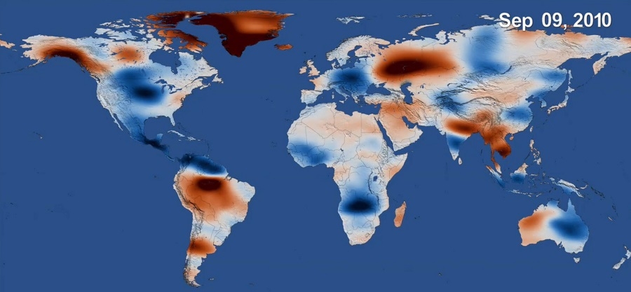 Screenshot showing map of world with oceans in a uniform blue and colors on continents and landmasses indicating changes in terrestrial water storage.