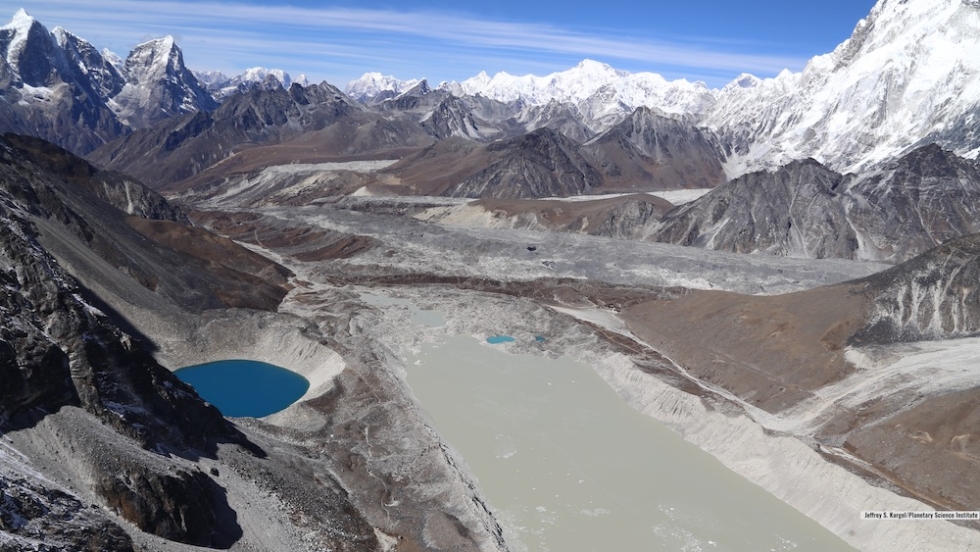 Lake Imja near Mount Everest in the Himalaya is a glacier lake that has grown to three times its length since 1990. Credits: Planetary Science Institute/Jeffrey S. Kargel
