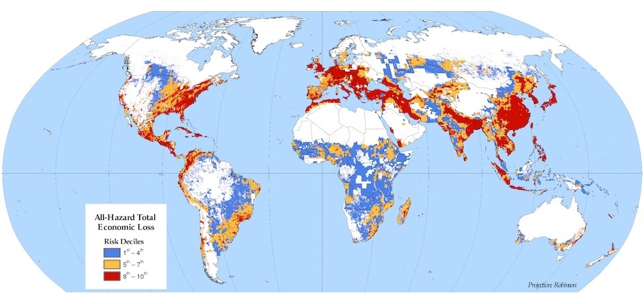 Multihazard risks calculated by summing the vulnerability-weighted single-hazard Total Economic Loss risk values for each grid cell across the six hazard types: cyclones, drought, earthquakes, floods, landslides, and volcanoes.