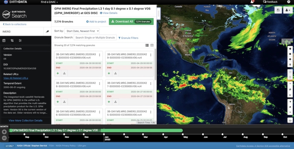 Screenshot of IMERG data in Earthdata Search
