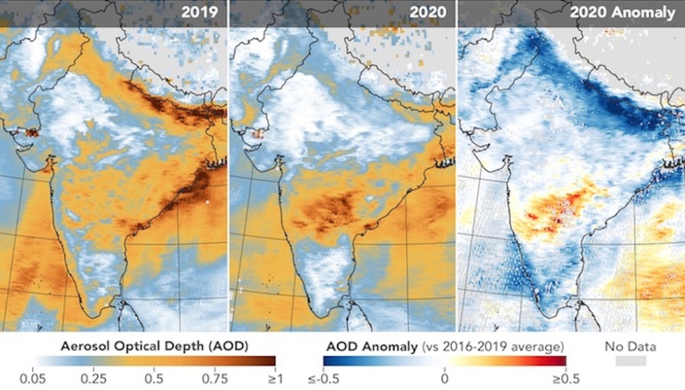 Aerosol optical depth (AOD) measurements over India, March 31 to April 5, for each year from 2019 through 2020. The last map (anomaly) shows how AOD in 2020 compared to the average for 2016-2019.